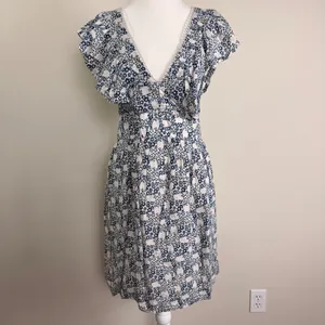 Anthropologie V-neck Plunge Tunic Mini Dress Blue Floral Crochet Tassel Large‎ thumbnail 4
