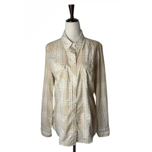 Banana Republic Button Down Shirt Women Medium Tan Plaid Cotton Top Preppy thumbnail 2