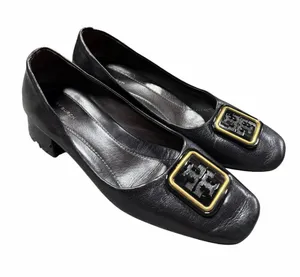 Tory Burch Georgia Black Leather Logo Buckle Square Toe Pumps Size 9.5 thumbnail 1