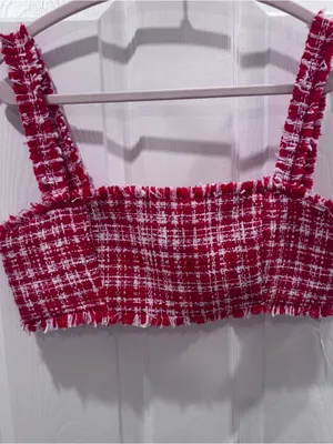 Self Portrait Red & White Boucle Square-Neck Crop Top size 6 thumbnail 10