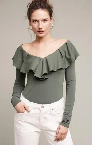 Anthropologie falisi ruffled top blouse cotton green off shoulder SZ L bust 32 thumbnail 1