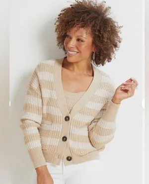 Evereve Kiki Cardi Oatmeal Striped Cardigan Size Medium thumbnail 1