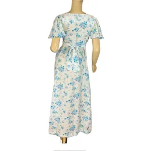 Vintage Circa 1970'S White W/Blue Floral Print Empire Waist Maxi Dress (S) thumbnail 5
