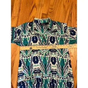 Liza Byrd Womens M Turquoise Navy Blue Print Long Sleeve boho tunic top Ikat thumbnail 4