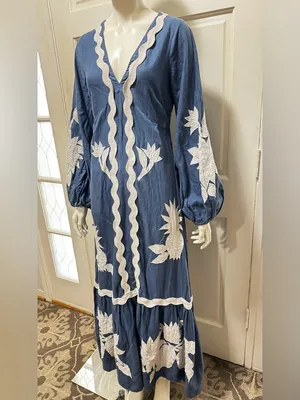 Farm Rio Navy Blue White Floral Embroidery long sleeves Maxi Dress S XS thumbnail 4