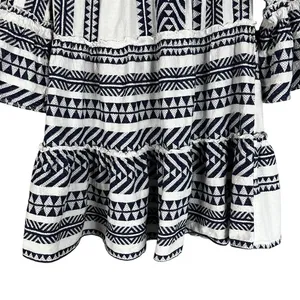 Mi Ami White Blue 100% Cotton Textured 3/4 Sleeve Tiered Mini Dress thumbnail 4