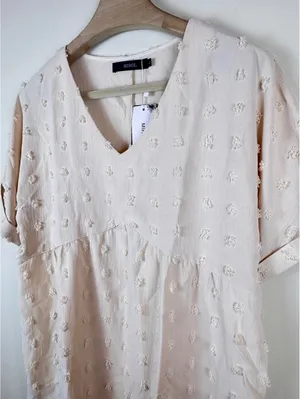 MIROL NWT Swiss Dot Textured V Neck Babydoll Tunic Blouse Pink Large Boho thumbnail 6