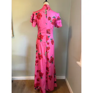 Pink Floral Rose Cheongsam Maxi Dress Mandarin Ruffle M y2k romantic dainty boho thumbnail 5