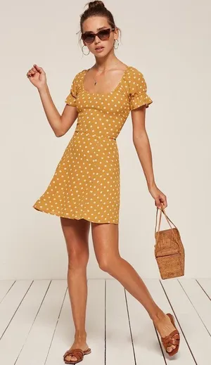 Reformation‎ Arlene Dress Yellow Polka Dot Womens Size 2 thumbnail 1