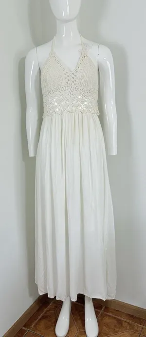 Lilbetter Womens Ivory Crochet Halter Maxi Dress Boho Beach Resort Vacation S thumbnail 1
