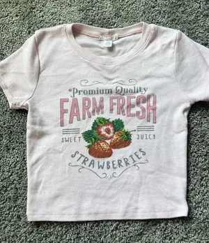 Full Tilt Pink Farm Fresh Strawberries Graphic Crop Top thumbnail 1
