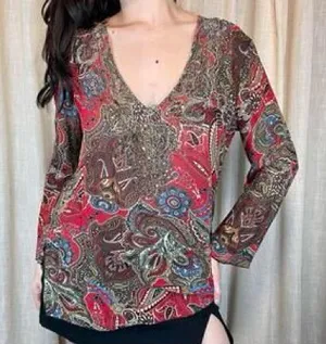 Vtg Y2K Chico’s Paisley Beaded Embellished Silk Blouse V-Neck Long Sleeve Red 1 thumbnail 1