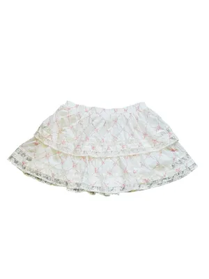 Francesca’s White & Pink Bow Print Ruffle Lace Trim Mini Skirt Feminine Cottage thumbnail 2