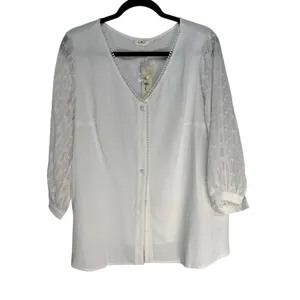 Agnes Orinda White V Neck Button Front Blouse Sheer Lace Sleeve Top Plus Size 1X thumbnail 2