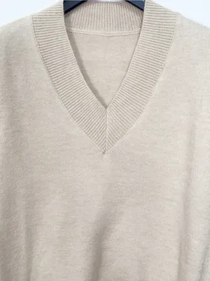J.ING Beige V Neck Sweater Vest Sleeveless Knit Preppy Minimalist Pullover thumbnail 4