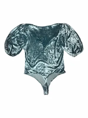 Free People Don’t You Wish Teal Crushed Velvet Puff Sleeve Bodysuit Large thumbnail 6