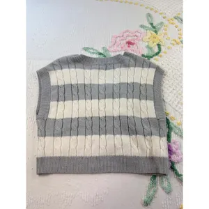 SO Cable Knit Sweater Vest Top - Striped S Gray Cream Cropped Preppy‎ Academia thumbnail 3