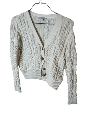 Ann Taylor Weekend Womens Cream‎ 100% Cotton Chunky Cable Bobble Knit Cardigan L thumbnail 1