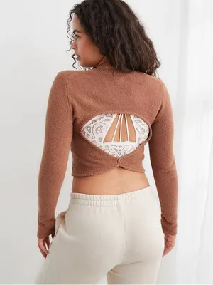 Aerie tan textured open back sweater long sleeve crop top XS cotton thumbnail 11
