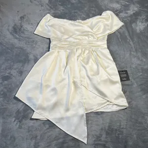 NEW Lulus Always Celebrating Ivory Satin Off-the-Shoulder Mini Dress Size L thumbnail 4
