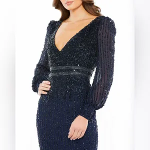 Mac Duggal Sequined V Neck Bishop Sleeve Midi Dress Navy Blue‎ Size 16 #93593 thumbnail 2