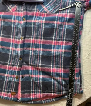 Modern Pink Blue Plaid Sherpa Lined Button Down Flannel Shirt Jacket thumbnail 15