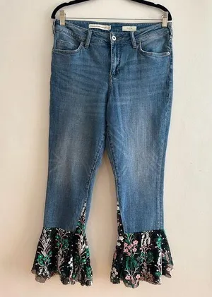 Pilcro And The Letterpress Anthropologie Flare Flounce Floral Hem Jeans thumbnail 1