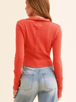 Free People We The Free Midnight Half Zip Ribbed Pullover Coral Red M Boho thumbnail 2