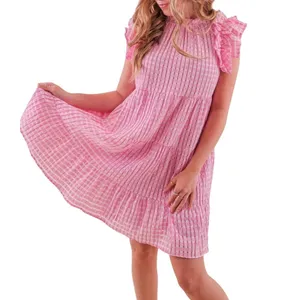 Entro Pink Plaid‎ Checkered Gingham Dress Small Tiered Babydoll Mini Ruffle Neck thumbnail 2