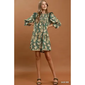 Umgee Mix Floral Print‎ Smocked Ruffle Detail Flowy Dress - Sage Mix - Small thumbnail 4