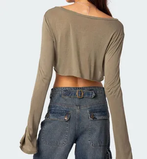 Edikted brand new with tags NWT olive green sage green long sleeve crop top Sheer Raw Hem Crop Top thumbnail 2