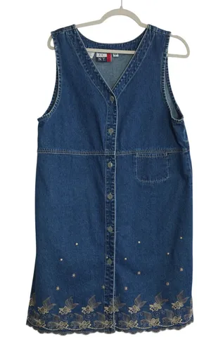 Vintage Denim Button Front Dress Size L Gold Embroidered Scalloped Trim Country thumbnail 1