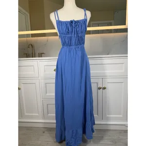 Blue Maxi Dress Womens XS Open Back Smocked Tie Ruffle Hem Boho Vacation Resort thumbnail 2