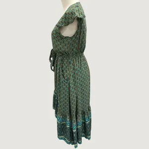 Sea Lustre Sunny Days Lotus Green Teal Boho Tie Front High Low Ruffle Dress S/M thumbnail 4