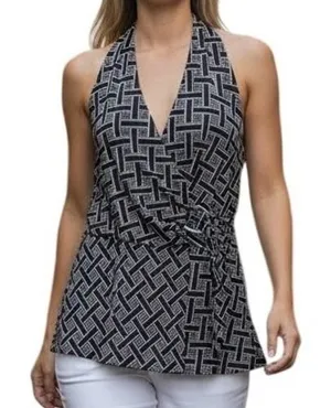 WHITE HOUSE BLACK MARKET Navy White Geometric Halter Wrap Top Silver Ring Size M thumbnail 1