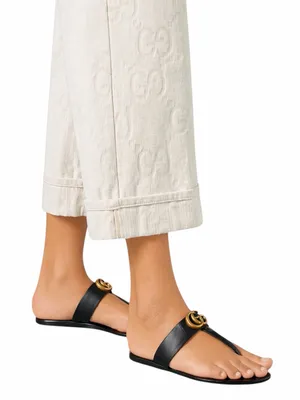 Gucci Black Leather Thong Sandal Gold Double G Logo Size 37 thumbnail 2