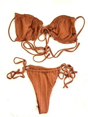 SHEIN Ribbed Burnt Orange Brown 3 Piece Tie Bikini Set Cover Up Sarong Medium thumbnail 1