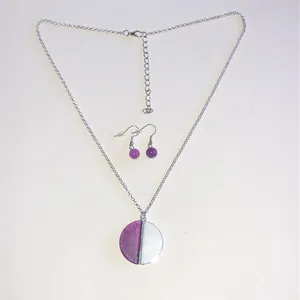 Silver Tone Purple & White Half-Moon Pendant Necklace and Earring Set thumbnail 2