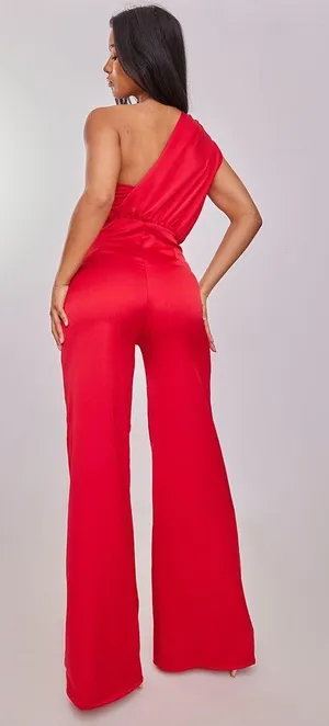 NWT PrettyLittleThing Red Draped One Shoulder Satin Wide Leg Jumpsuit thumbnail 3