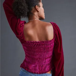 Anthropologie Jewel-Tone Pink Puff-Sleeve Velvet Blouse Peasant Smocked - Size S thumbnail 4