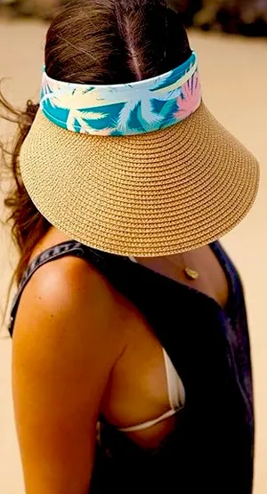bon voyage STARBOARD NWT Wide Brim Straw Visor Hat with green leave Print Band thumbnail 4