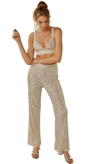 NWT Womens Size Large Cable & Gauge Silver Sequin Pull On Wide-Leg Sparkle Pants thumbnail 1