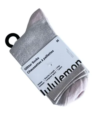 Lululemon Glitter Socks Quarter Length Blissful Pink with Silver Medium thumbnail 1