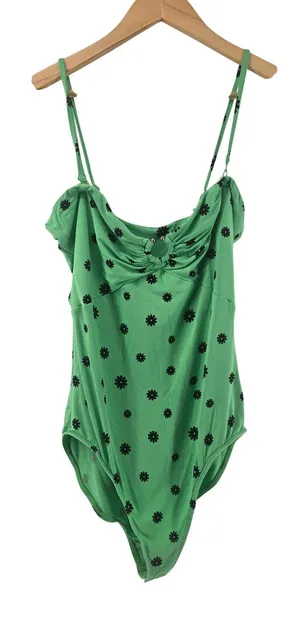 Free People Bodysuit Women Large Green Daisy Floral Intimately Ruched Sweetheart thumbnail 1
