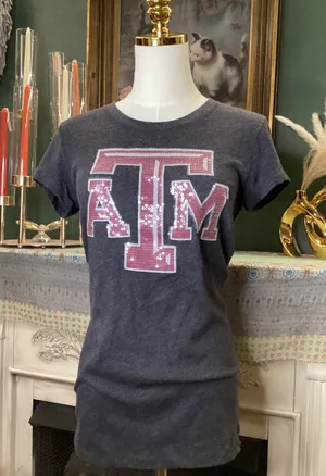 Victoria's Secret PINK Texas A&M Aggies Sequin Logo Tee Gray Maroon Medium thumbnail 1