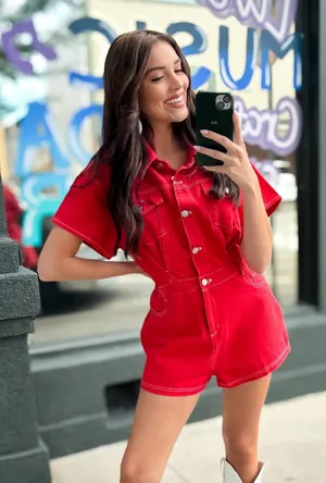Peach Love Button-Down Red Denim Romper thumbnail 1