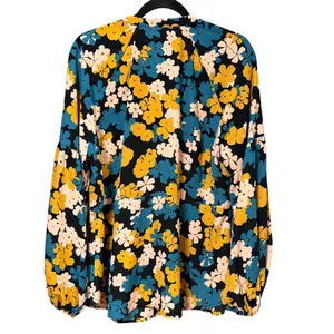 Cabi Busy Blouse 4158 Floral Button Front Balloon Sleeve‎ Black Teal Mustard L thumbnail 4