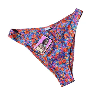 Strawberry Milk Mob Floral High Leg Bikini Bottom Womens XL Blue Orange Retro thumbnail 1