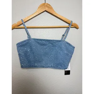 Lizette Collection Denim Rhinestone Crop Top Light Wash‎ Blue Sparkly Bustier thumbnail 2