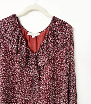 [LOFT] Red Black Floral Print Ruffle Neck Long Sleeve V-Neck Blouse Size Large L thumbnail 5